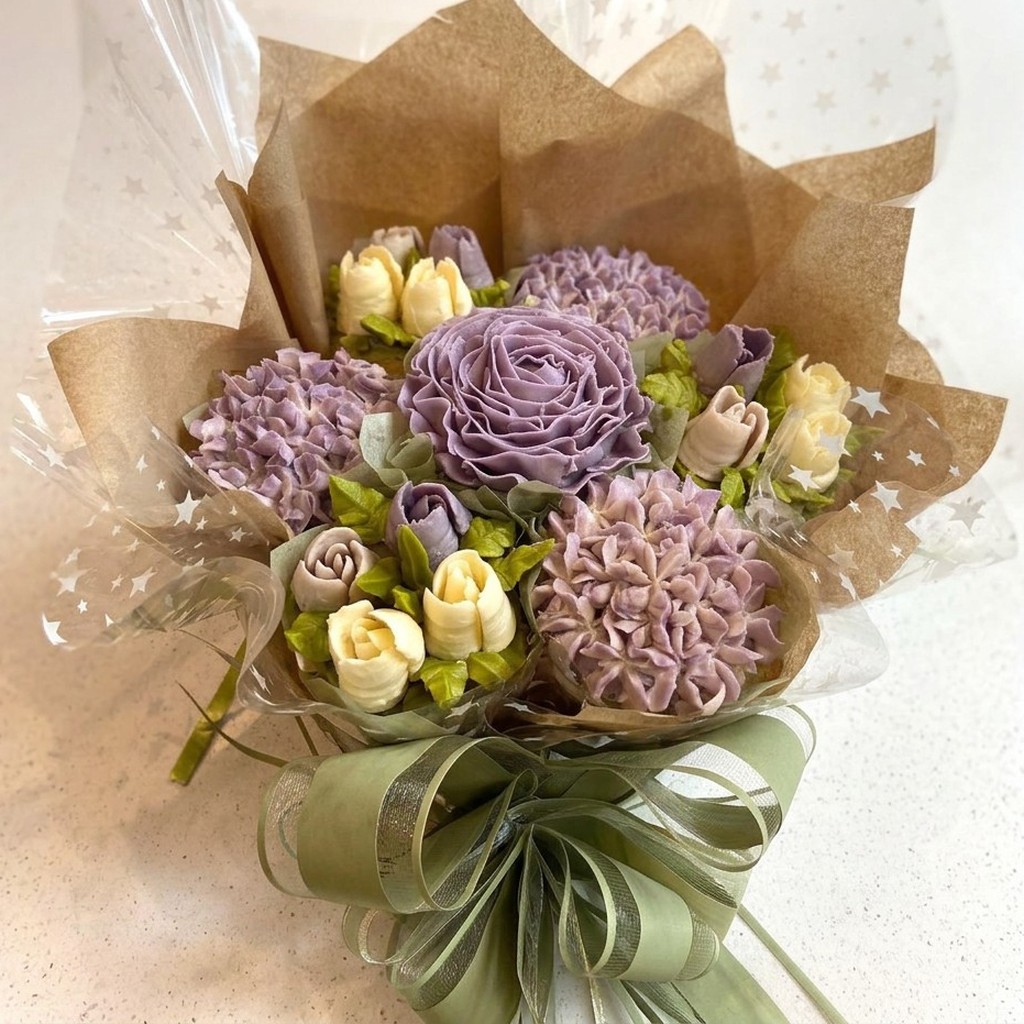 Wildflower Meadow cupcake bouquet in lavender and cream buttercream